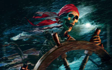 A dramatic HD wallpaper featuring a skeleton pirate at the helm, navigating through a stormy sea, embodying the adventurous spirit of fantasy.