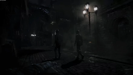 Dark, atmospheric 4K Ultra HD PC wallpaper from the Thief video game, showing two figures in a shadowy, rain-soaked alley illuminated by a streetlamp.