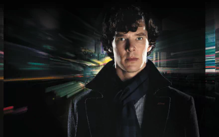 Benedict Cumberbatch as Sherlock Holmes in a dramatic HD wallpaper from the TV series Sherlock, featuring a captivating backdrop with vibrant motion effects.