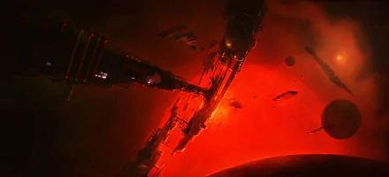 A vibrant Sci-Fi scene featuring a spaceship near a glowing red sun, inspired by the video game Elite: Dangerous, in stunning HD quality for desktop backgrounds.
