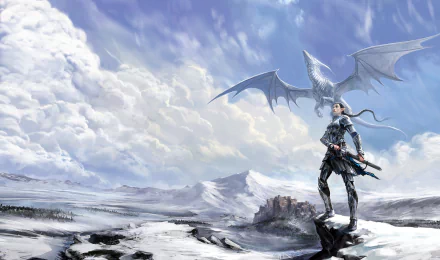 HD desktop wallpaper featuring an elf woman warrior in armor with a sword, standing beside a dragon in a winter landscape with a distant castle under a cloudy sky.