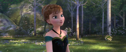 A vibrant HD wallpaper featuring Anna from the movie Frozen, set against a lush, green forest backdrop, capturing her adventurous spirit and enchanting presence.