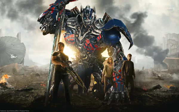HD wallpaper of Optimus Prime with characters from the movie Transformers: Age of Extinction, set in a dramatic, post-apocalyptic background.
