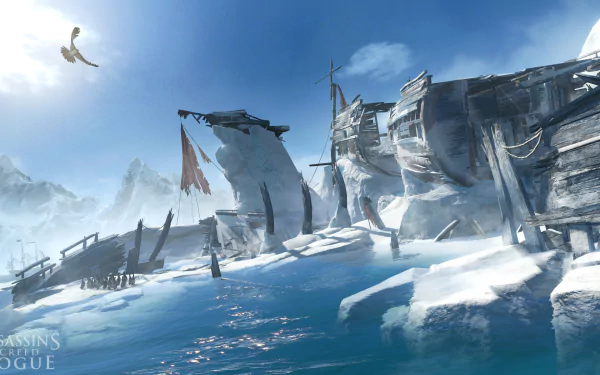 A stunning 4K Ultra HD wallpaper from Assassin's Creed: Rogue, depicting a serene winter landscape with abandoned ships along a frozen shore and mountains in the background.