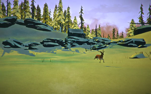 A serene HD desktop wallpaper from the video game The Long Dark, featuring a deer in a tranquil, forested landscape with rocks and soft, natural colors.