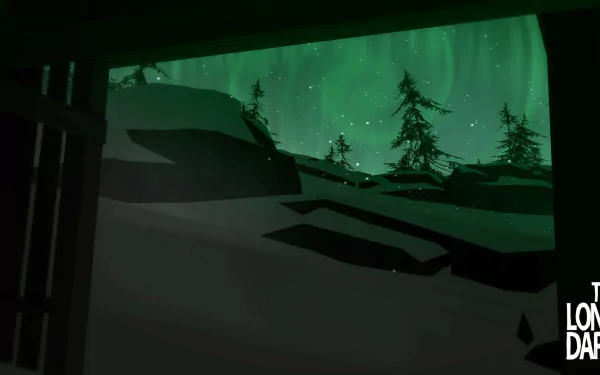A stunning HD wallpaper from the video game The Long Dark, featuring a dramatic view of snowy terrain under a vibrant green aurora and silhouettes of trees.