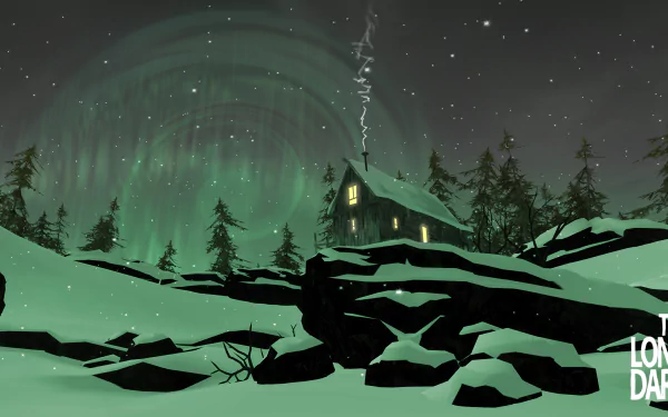 A serene winter landscape from the video game The Long Dark, featuring a solitary cabin with glowing windows, surrounded by snow-covered rocks and tall, dark trees beneath a shimmering aurora.