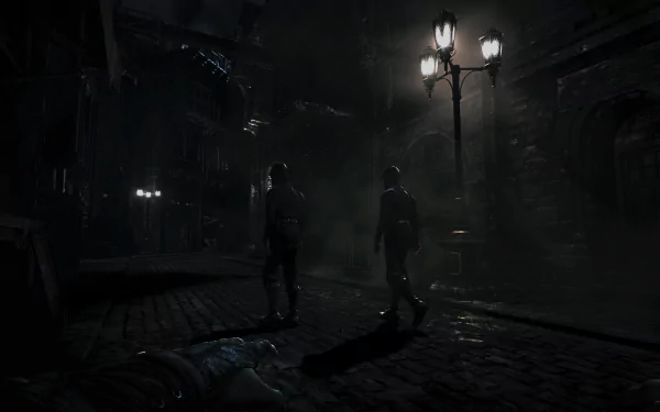 Dark, atmospheric 4K Ultra HD PC wallpaper from the Thief video game, showing two figures in a shadowy, rain-soaked alley illuminated by a streetlamp.