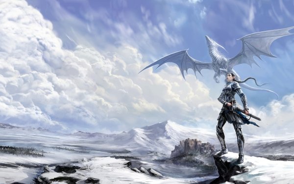 Fantasy Elf Woman Warrior Armor Dragon Sword Landscape Winter Cloud Castle HD Wallpaper | Background Image