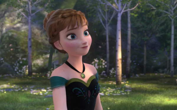 A vibrant HD wallpaper featuring Anna from the movie Frozen, set against a lush, green forest backdrop, capturing her adventurous spirit and enchanting presence.