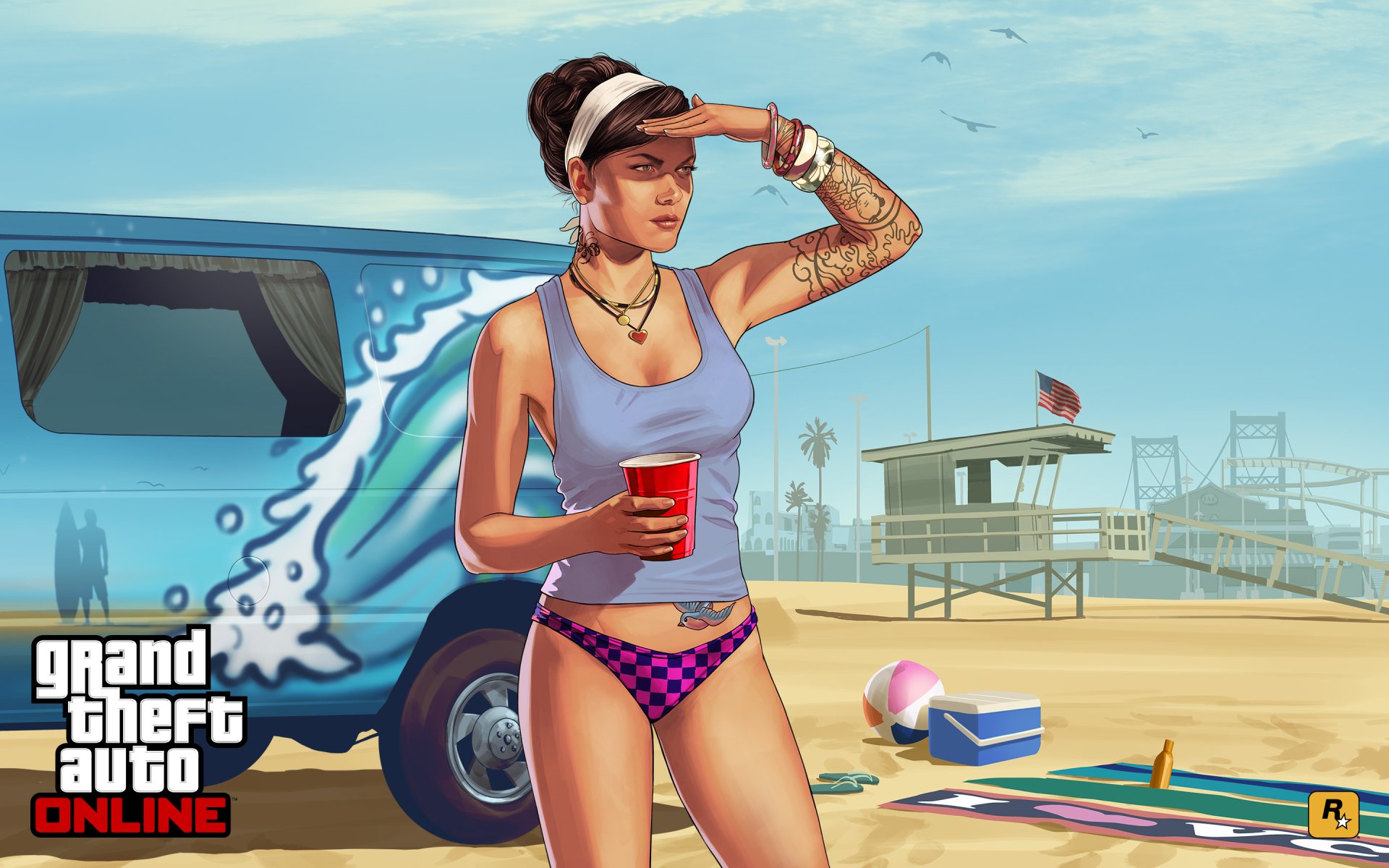 A vibrant HD wallpaper from Grand Theft Auto V featuring a character in beach attire, enjoying the sun near a colorful van, set against a scenic beachfront backdrop.