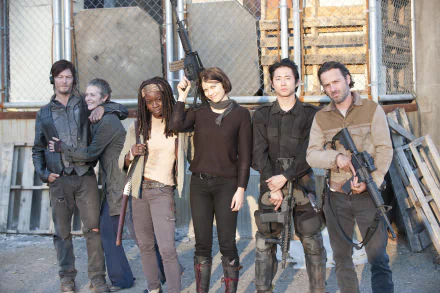A group of main characters from The Walking Dead, including Rick Grimes, Daryl Dixon, Michonne, Glenn Rhee, Andrea, and Maggie Greene, are posed with weapons in a gritty, outdoor setting.