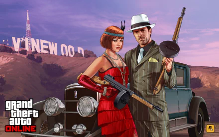 HD desktop wallpaper for Grand Theft Auto V featuring two characters dressed in retro attire with a vintage car and Vinewood sign in the background.