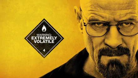HD PC desktop wallpaper featuring Bryan Cranston as Walter White from Breaking Bad with a yellow background and a warning sign reading Extremely Volatile.
