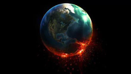 A dramatic HD wallpaper from the movie Knowing, featuring a glowing Earth surrounded by fiery fragments, set against a dark background, capturing an apocalyptic atmosphere.