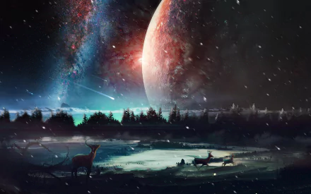 HD desktop wallpaper featuring a dreamy world with a stag by a serene lake, a rowboat, and an immense, celestial body in the starlit sky.