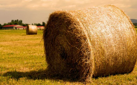 HD PC desktop wallpaper showing a close-up of a large haystack in a sunlit field under a cloudy sky, capturing the essence of nature and rural landscape.