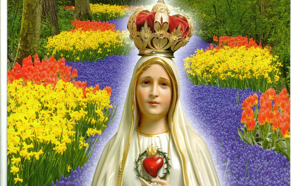 A serene depiction of Our Lady of Fátima surrounded by vibrant flowers, symbolizing peace and devotion in a stunning HD wallpaper.