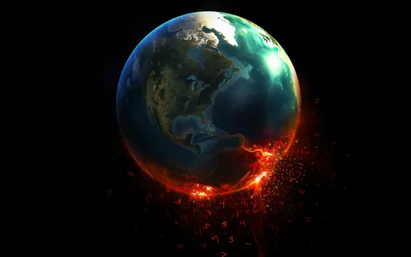 A dramatic HD wallpaper from the movie Knowing, featuring a glowing Earth surrounded by fiery fragments, set against a dark background, capturing an apocalyptic atmosphere.