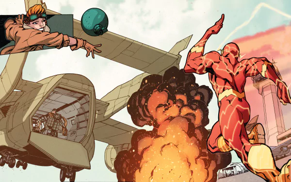 A vibrant comic illustration featuring Flash in dynamic action, set against an explosive background with a character throwing a bowling ball, styled as a 4K Ultra HD desktop wallpaper.