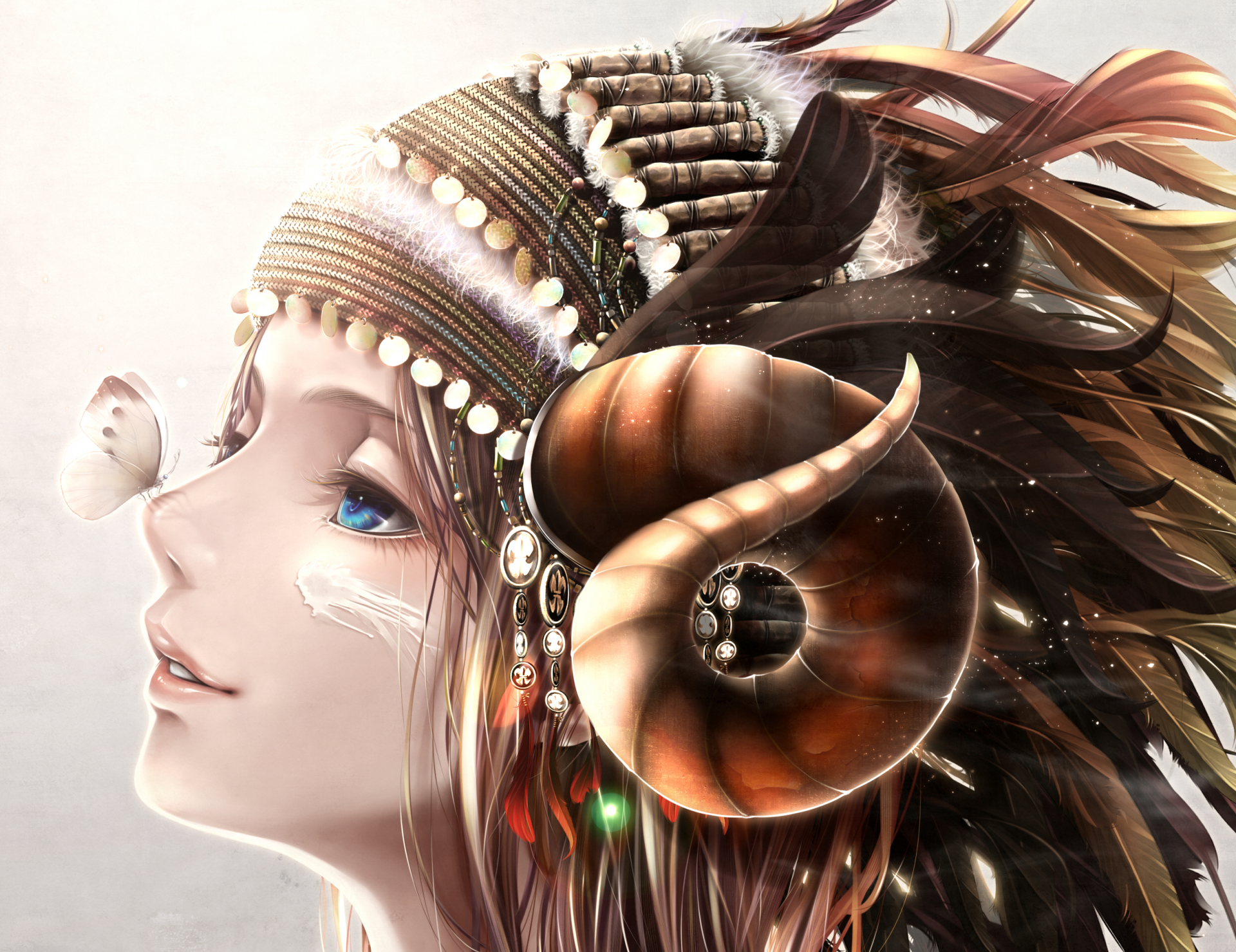 HD wallpaper of an anime girl with ornate horns and a butterfly near her face, featuring intricate tribal-inspired accessories.
