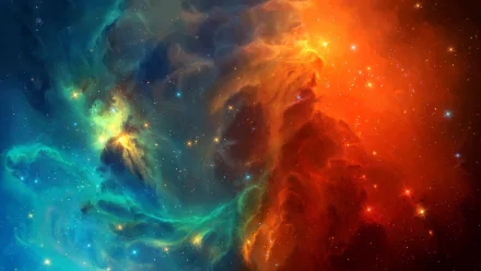 Vibrant HD sci-fi desktop wallpaper showcasing a colorful nebula with swirling blue, green, and fiery orange clouds illuminated by stars in deep space.
