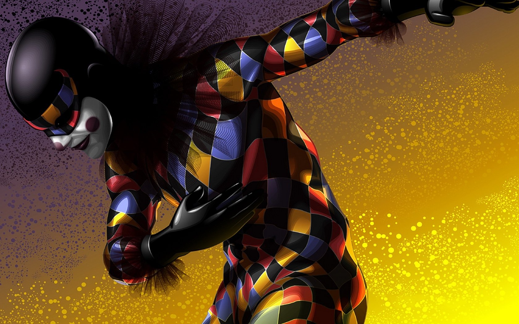 Artistic HD PC desktop wallpaper of a stylized harlequin clown in a colorful diamond-pattern suit, striking a dramatic pose against a textured purple-to-gold gradient background.