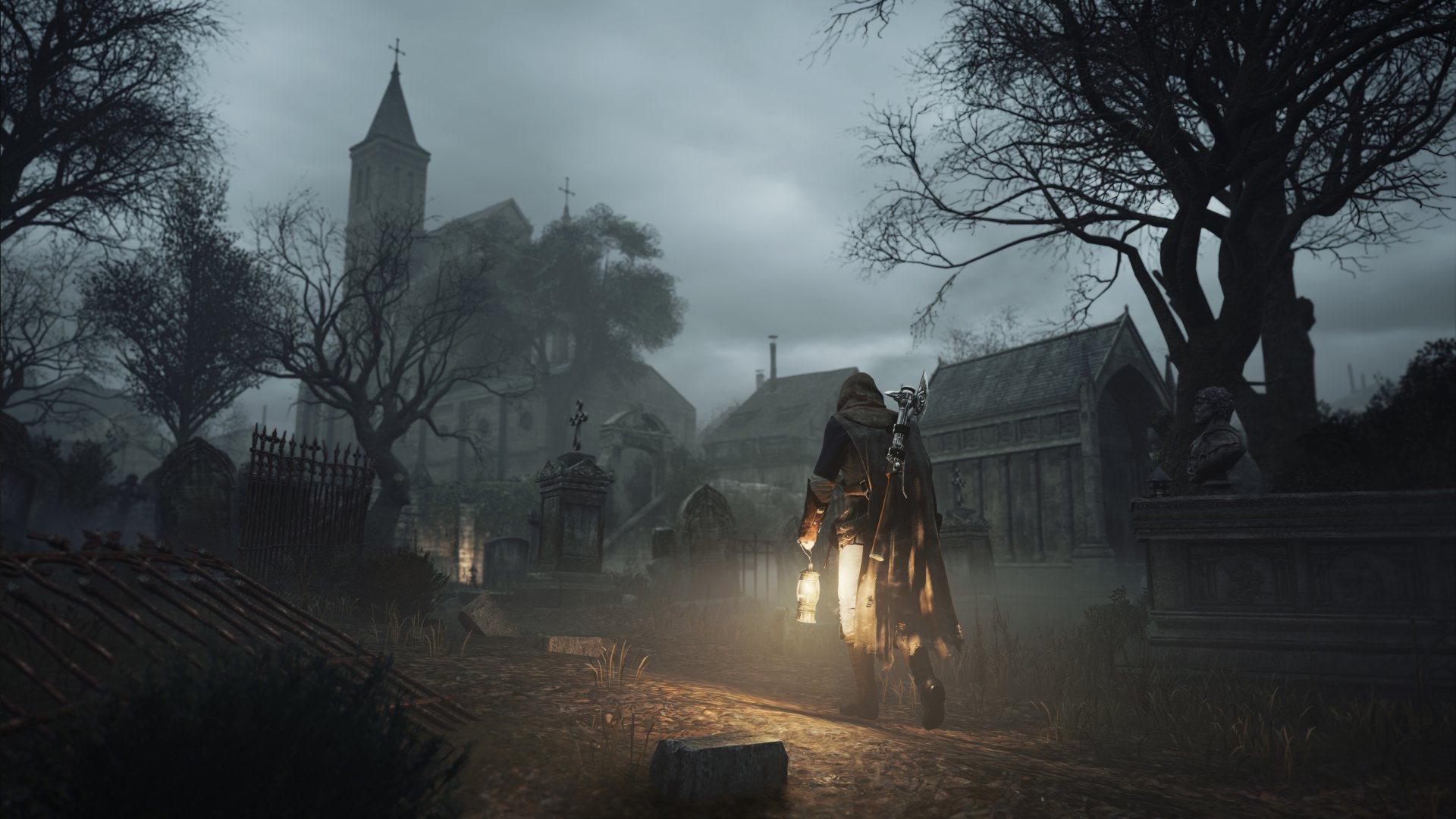 A moody HD desktop wallpaper from Assassin's Creed: Unity, featuring a cloaked figure walking through an eerie graveyard, illuminated by a lantern against a dark, foggy backdrop.