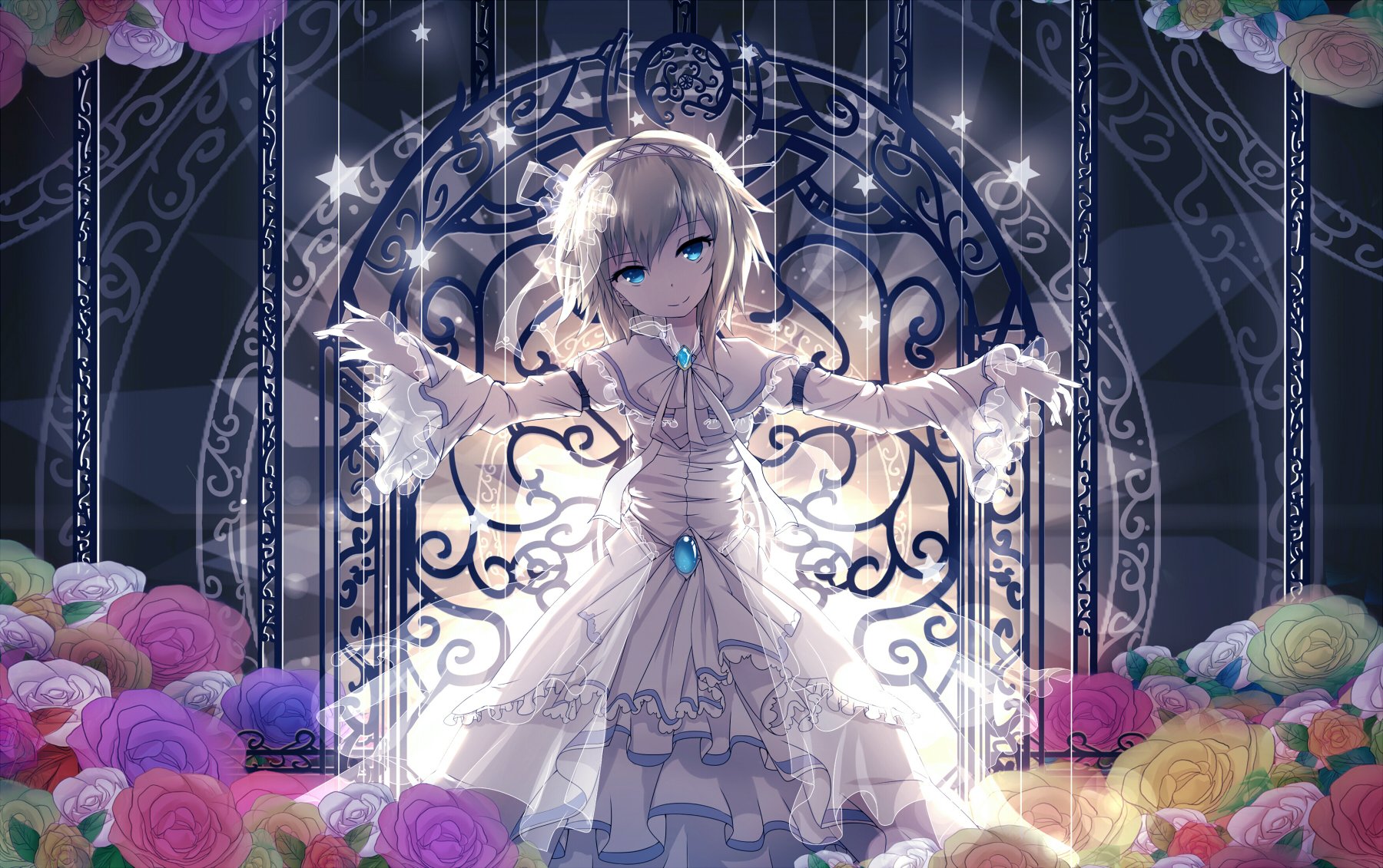 HD desktop wallpaper featuring Alice Margatroid from Touhou with blonde short hair and blue eyes. She's wearing a flowing dress, standing in front of an ornate gate surrounded by colorful roses and stars.