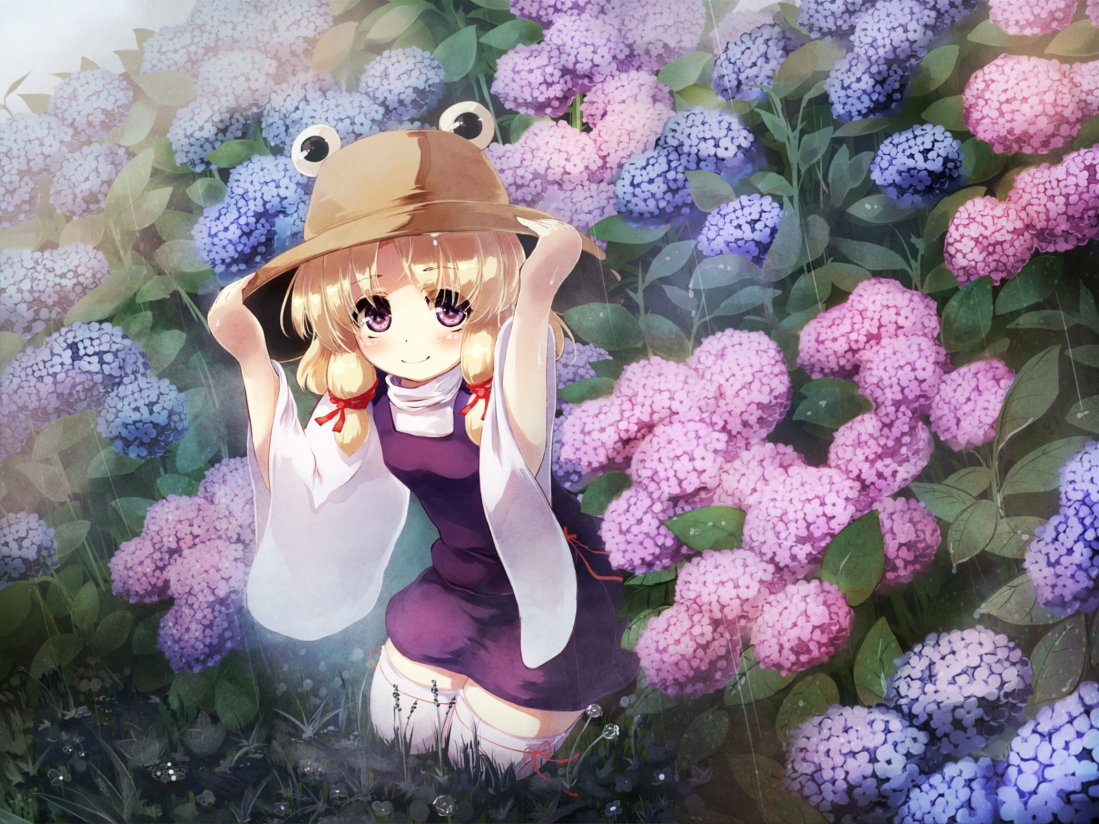 HD anime desktop wallpaper featuring Suwako Moriya from Touhou standing amidst vibrant hydrangea flowers, showcasing detailed art and colorful floral background.
