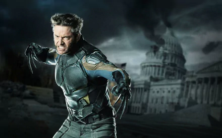 HD desktop wallpaper featuring Hugh Jackman as Wolverine from the movie X-Men: Days of Future Past, showing Wolverine in an action pose with a dark, ominous background and the Capitol building in ruins.