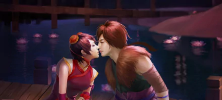 A romantic fantasy scene featuring a couple about to kiss, surrounded by water lilies under a serene night sky. This HD wallpaper beautifully captures love and enchantment.