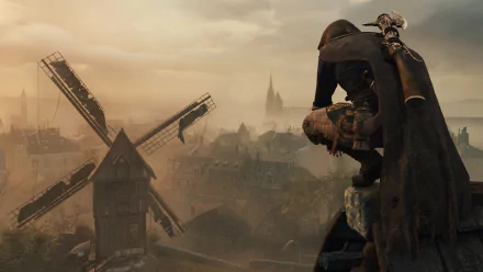 A stunning HD desktop wallpaper from Assassin's Creed: Unity, featuring a cloaked assassin perched on a rock, overlooking a foggy cityscape with a windmill in the foreground.