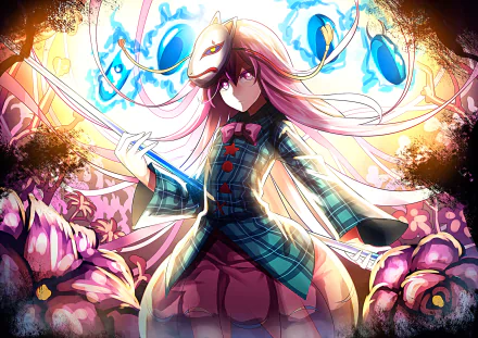 HD anime desktop wallpaper featuring Hata no Kokoro from Touhou, surrounded by vibrant colors and ethereal symbols, blending fantasy and dynamic energy.