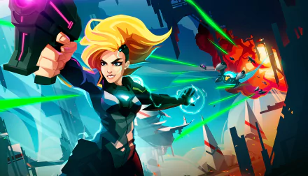 HD PC desktop wallpaper featuring vibrant action art from the video game Velocity 2X, showcasing a dynamic character with futuristic weapons amid intense combat.