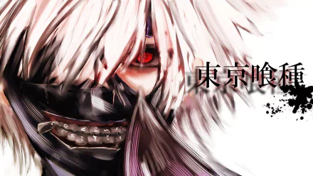 HD desktop wallpaper of Ken Kaneki from Tokyo Ghoul with white hair, red eyes, and a mask with a zipper.