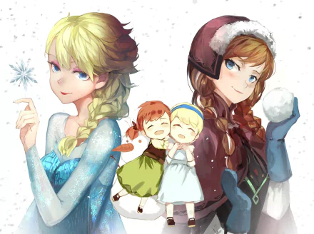 HD desktop wallpaper featuring Elsa and Anna from the movie Frozen, depicted in a charming winter scene with snowflakes and a playful atmosphere.