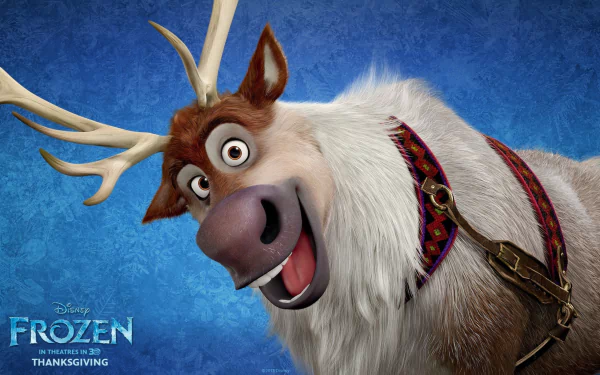 Sven, the lovable reindeer from Disney's Frozen, smiles against a vibrant blue background in this HD desktop wallpaper, capturing the charm of the beloved movie.