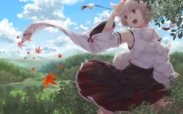 HD anime desktop wallpaper featuring Momiji Inubashiri from Touhou, set against a vibrant sky and lush green landscape with falling autumn leaves.