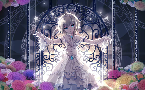 HD desktop wallpaper featuring Alice Margatroid from Touhou with blonde short hair and blue eyes. She's wearing a flowing dress, standing in front of an ornate gate surrounded by colorful roses and stars.