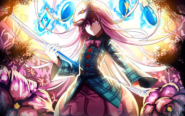 HD anime desktop wallpaper featuring Hata no Kokoro from Touhou, surrounded by vibrant colors and ethereal symbols, blending fantasy and dynamic energy.