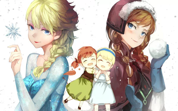 HD desktop wallpaper featuring Elsa and Anna from the movie Frozen, depicted in a charming winter scene with snowflakes and a playful atmosphere.