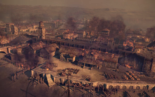 HD PC desktop wallpaper featuring a burning ancient city scene from the video game Total War: Attila, capturing intense destruction and dark smoke-filled skies.