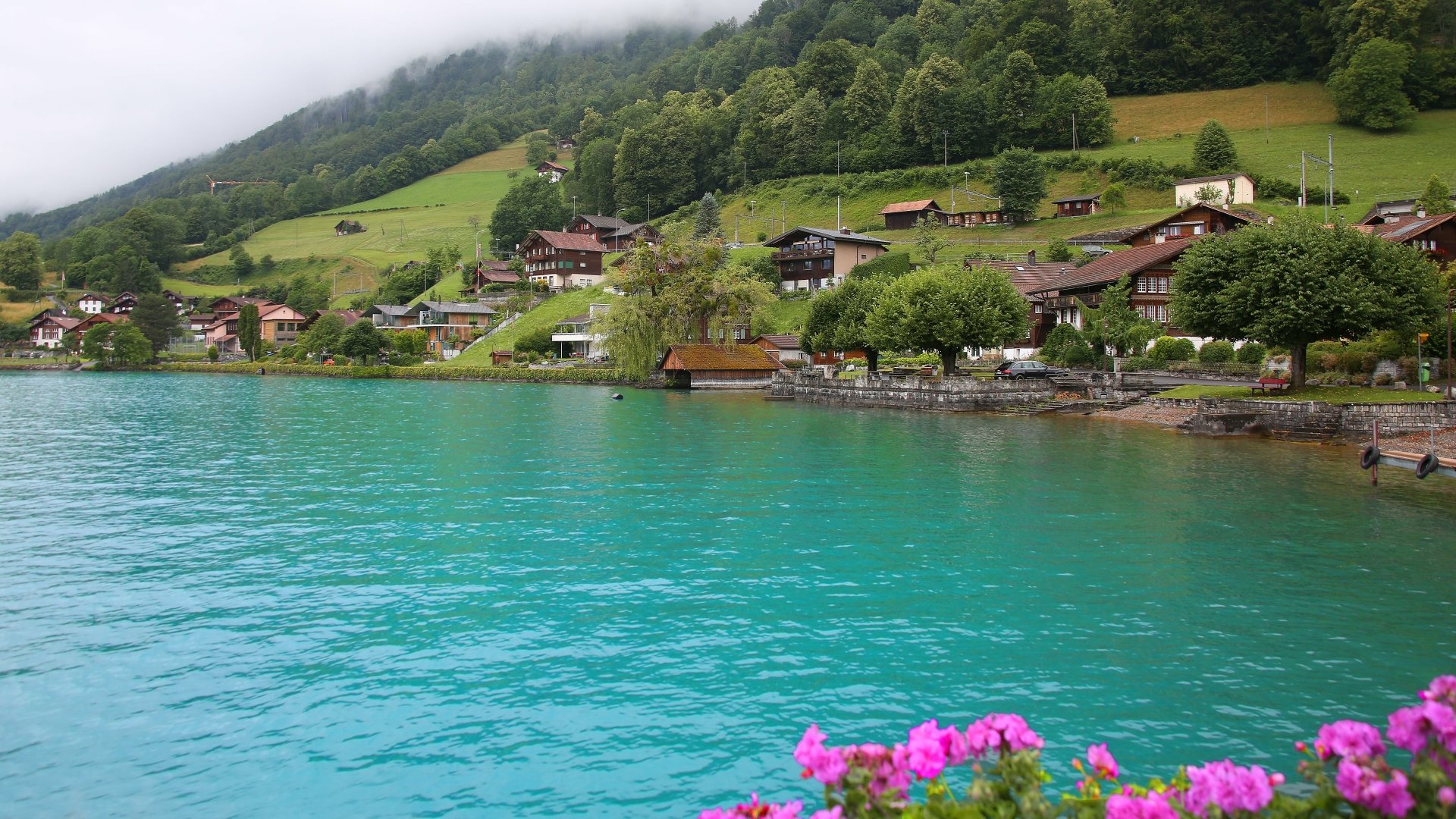 4K Ultra HD photography of a serene lake with turquoise water, vibrant flowers in the foreground, and quaint houses nestled among green hills under a cloudy sky.