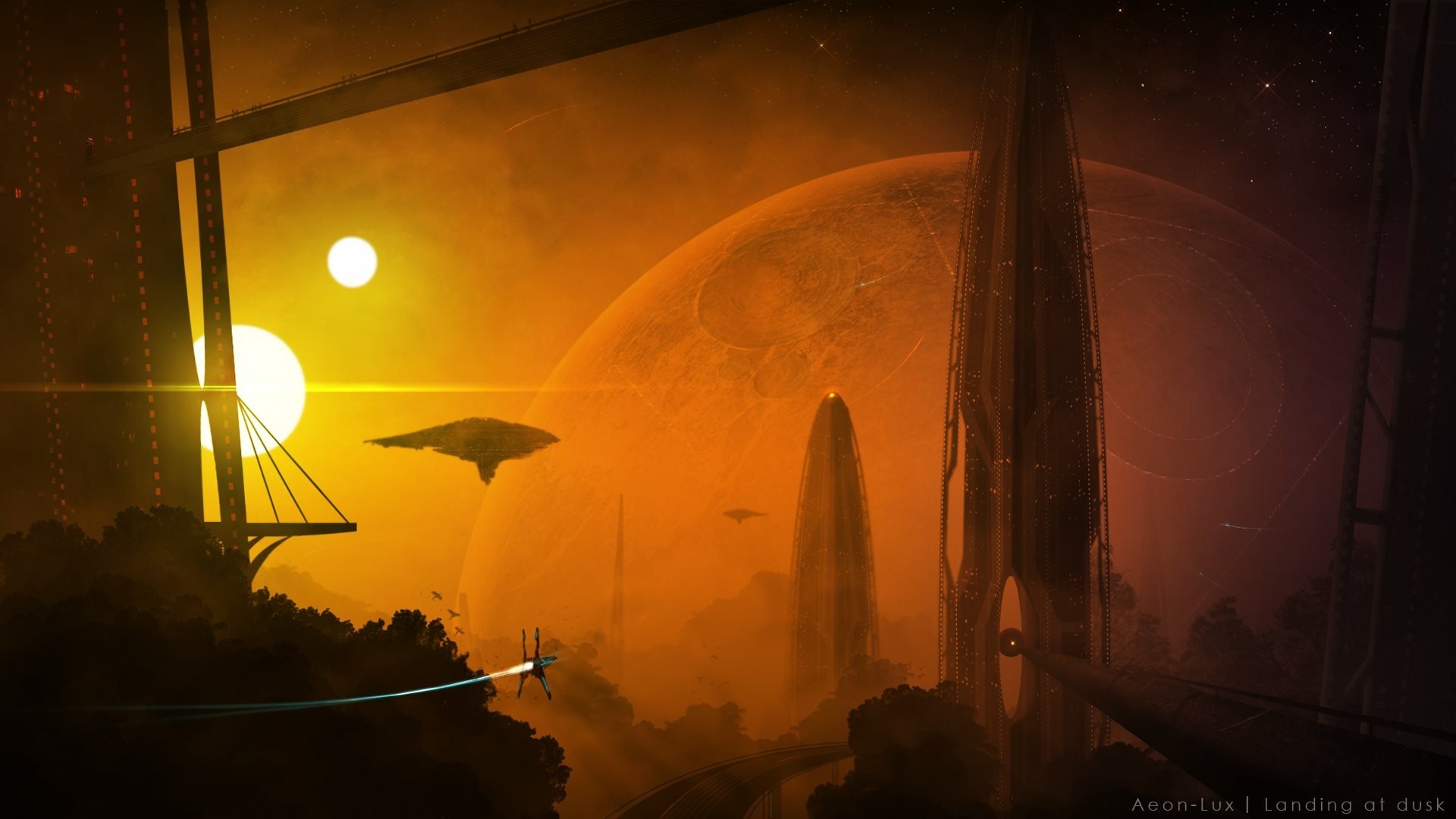 HD sci-fi cityscape with futuristic towers and flying crafts set against a glowing orange space background, designed as a striking PC desktop wallpaper.