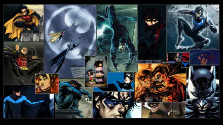 A vibrant HD wallpaper featuring iconic DC Comics characters, including Batman, Nightwing, and Robin, showcasing dynamic artwork that captures the essence of the superhero universe.