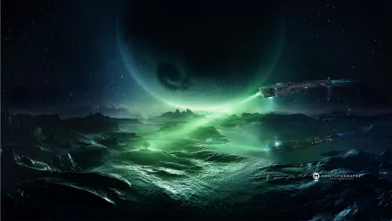HD PC desktop wallpaper of a sci-fi landscape featuring a futuristic spaceship flying over an alien terrain under a large planet with glowing green atmospheric effects.