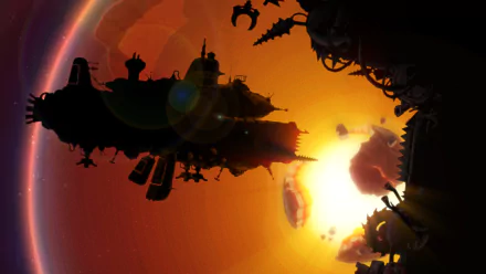 SteamWorld Heist video game HD PC desktop wallpaper: silhouetted steampunk ships and floating debris arcing around a glowing orange planet at sunset.