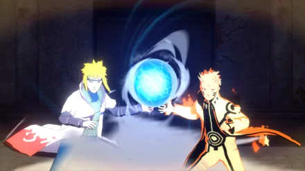 HD desktop wallpaper from Naruto Shippuden: Ultimate Ninja Storm Revolution featuring Minato Namikaze and Naruto Uzumaki in a dynamic battle scene.