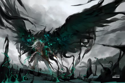 A dramatic HD wallpaper featuring a character from Carciphona, with striking wings and a skull motif, set against a dark, atmospheric background.